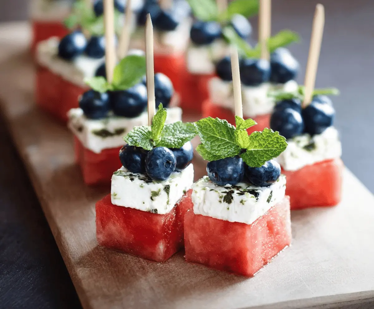 Fresh Watermelon Feta Skewers with Blueberries and Mint