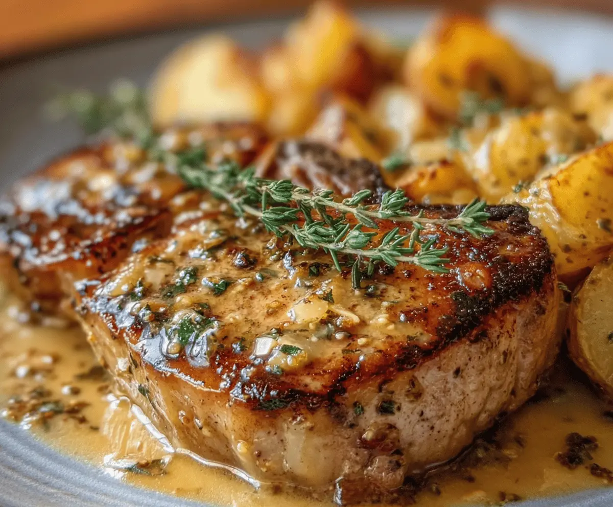 Garlic Butter Pork Chops with Cheesy Potato Bake