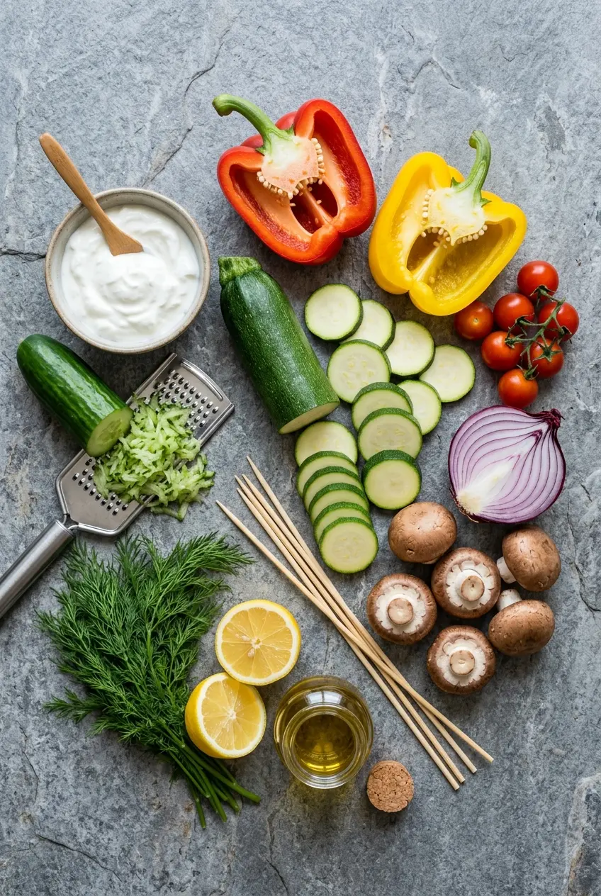 grilled veggie skewers with tzatziki colorful charred vegetables
